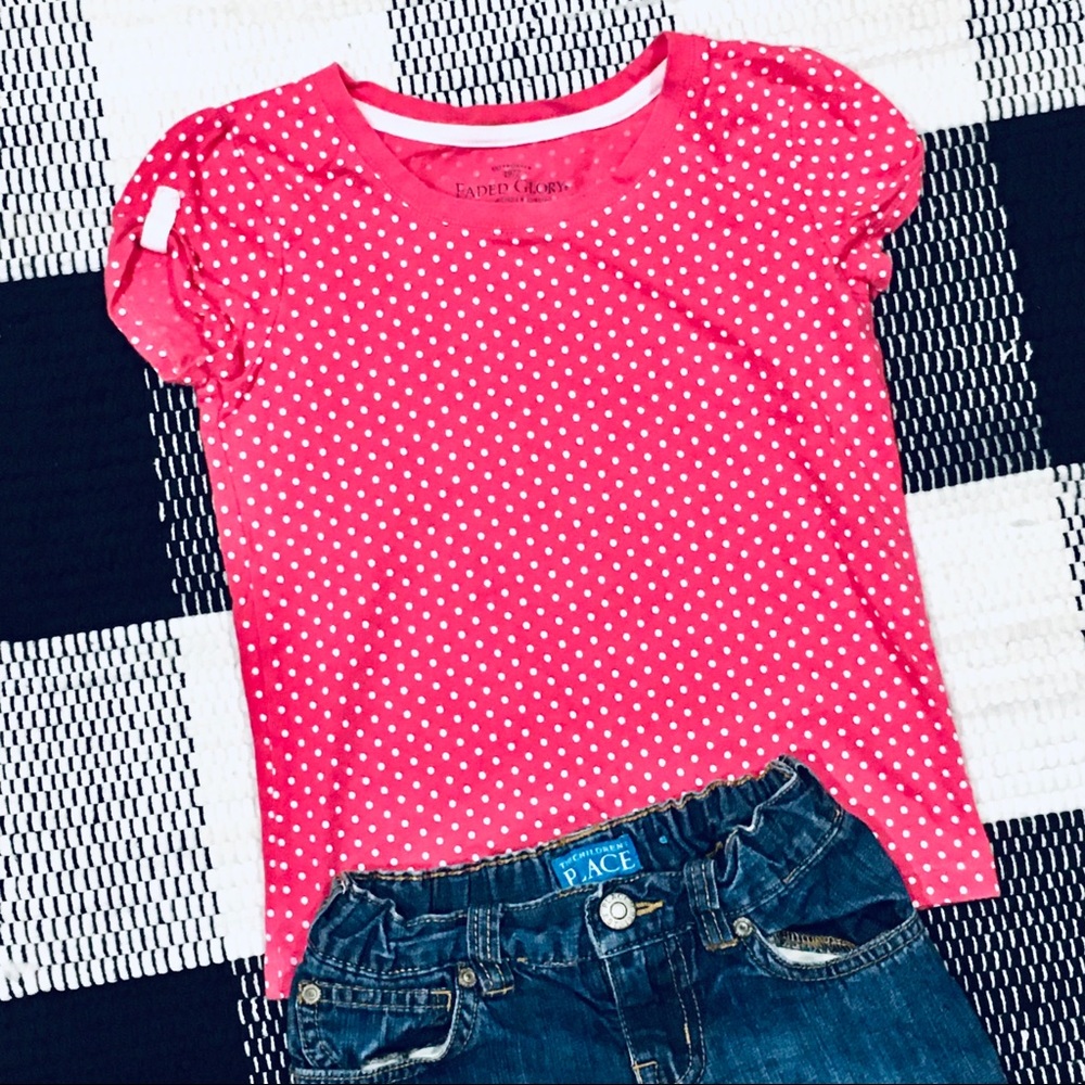 Pink polka dot shirt tee and denim shorts set outfit - girl school - 6 -…
